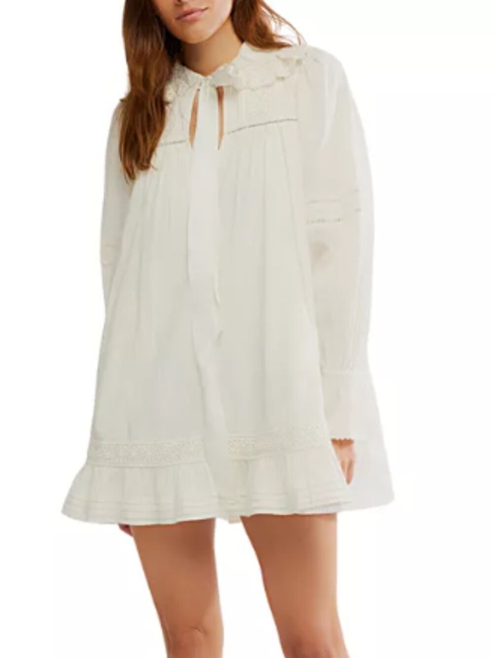 Free People Tea Time Mini Dress Lace Collar Boho Cream XL NWT